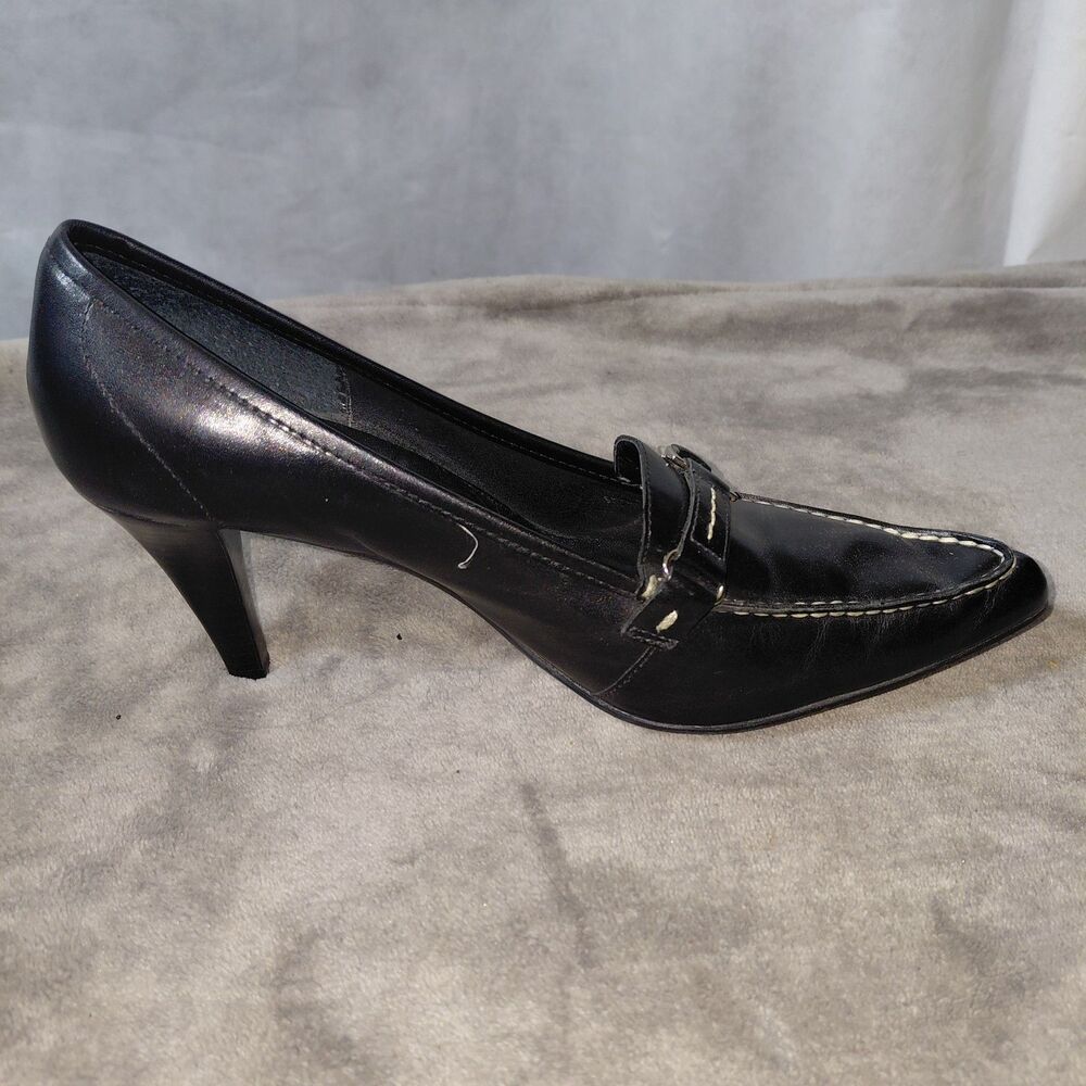 Franco Sarto Pump Heel Womens 8M Black Leather Pointed Toe High Stiletto Buckle - Picture 4 of 14